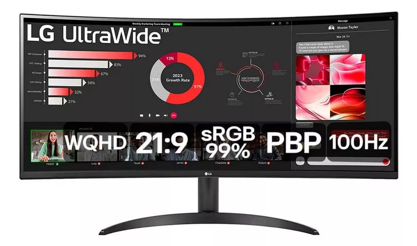 Monitor LG UltraWide™️ Curvo – Tela VA de 34”, WQHD 3440 x 1440, 219, sRGB 99%, HDR10, PBP, 100Hz, AMD FreeSync™️ - 34WR50QC-B